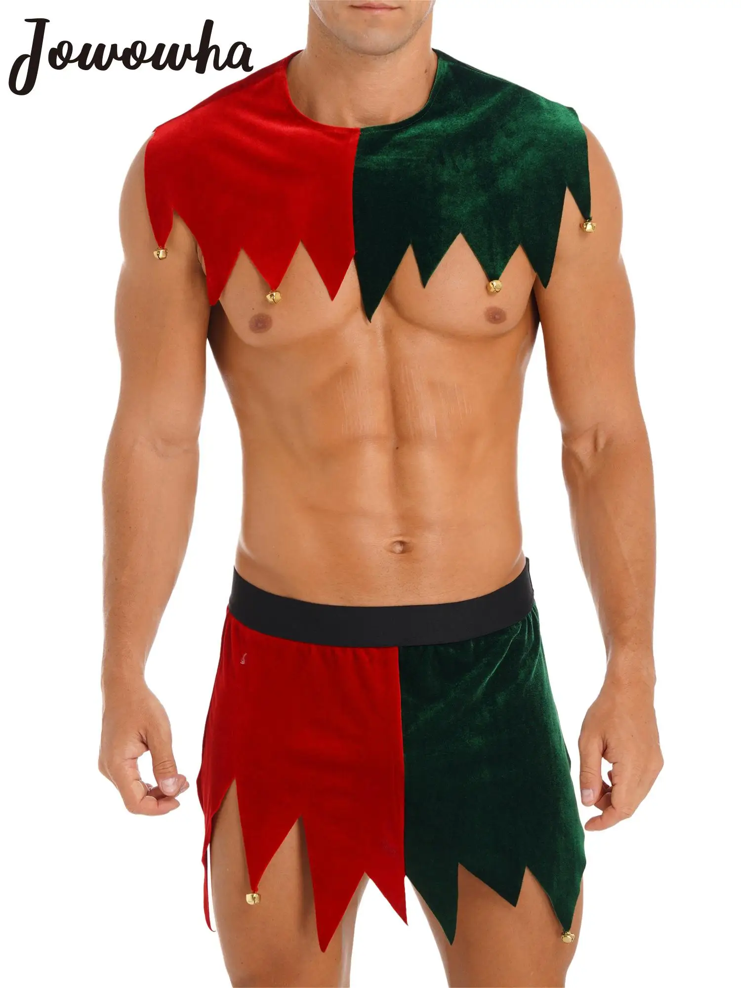 

Mens Santa Claus Costume Halloween Christmas Elf Cosplay Xmas Festive Party Outfit Jagged Hem Bells Crop Top with Mini Skirt