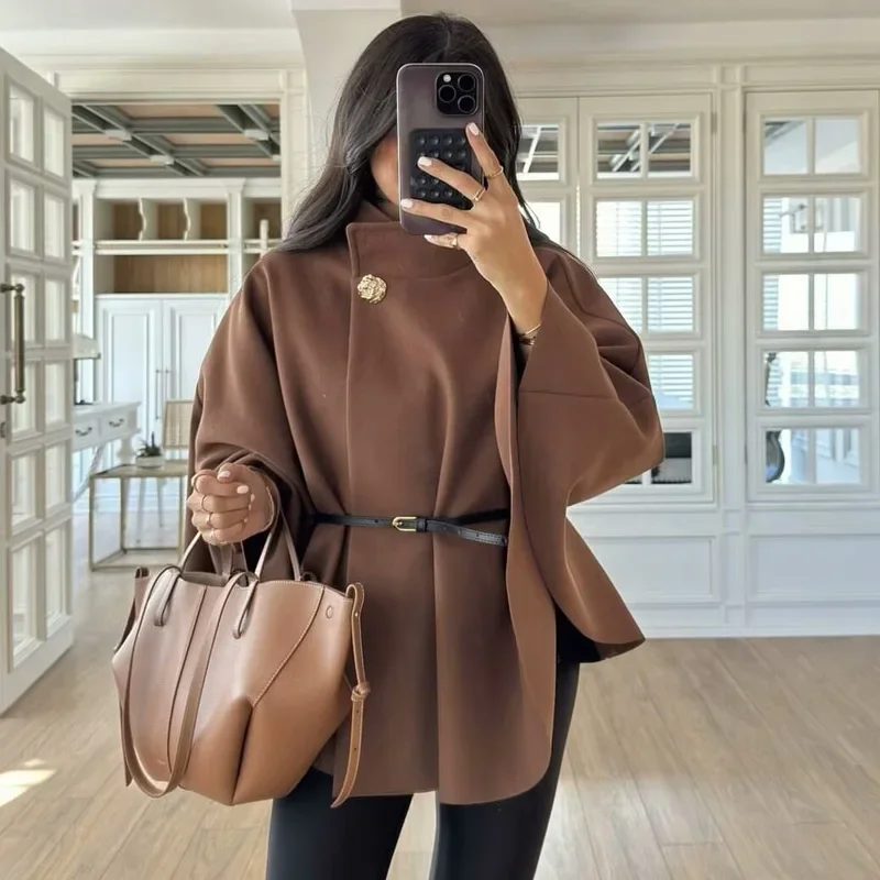TRAF-Capa corta para mujer, chaqueta roja, marrón y negra, abrigo con manga de murciélago, nuevo en abrigos y chaquetas, capa elegante con cinturón, prendas de vestir exteriores 2024