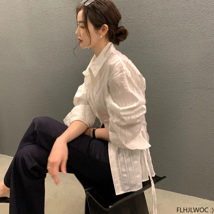 Chic Korea Tops Blusas Vrouwen 2023 Herfst Lange Mouw Nieuw Ontwerp Single-Breasted Effen Kleur Wit Roze Basic Shirts blouses