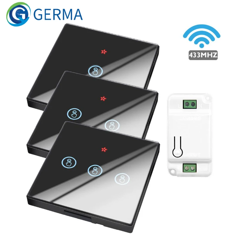 Germa-スマートホームワイヤレスタッチスイッチライト、電気リモコン、ガラススクリーン、壁パネル、ボタンレシーバー、LEDランプ、433mhz