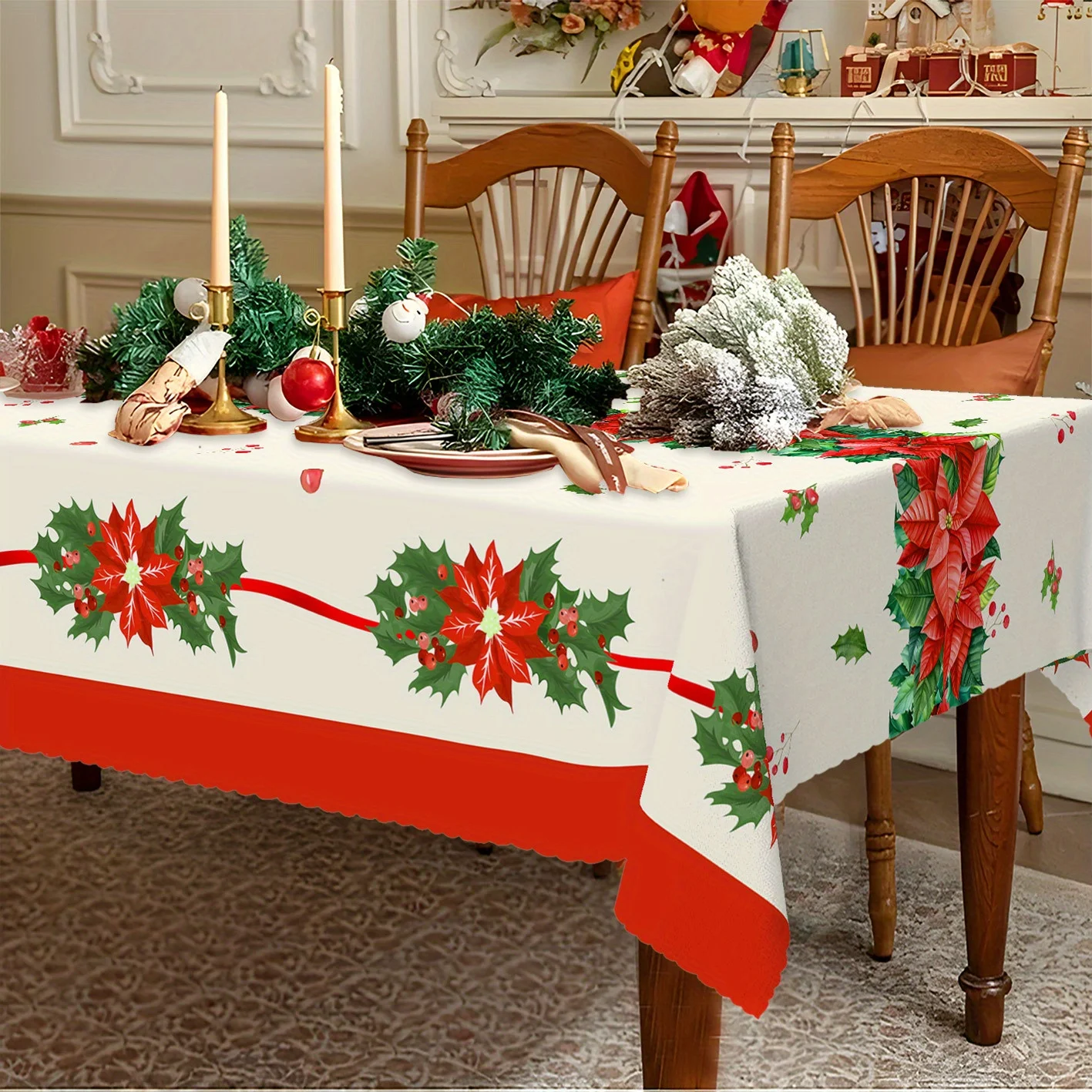 Merry Christmas Poinsettia Holly Berry Tablecloth for Table Decor Winter Xmas Kitchen Dining Table Cloth Christmas Decorations