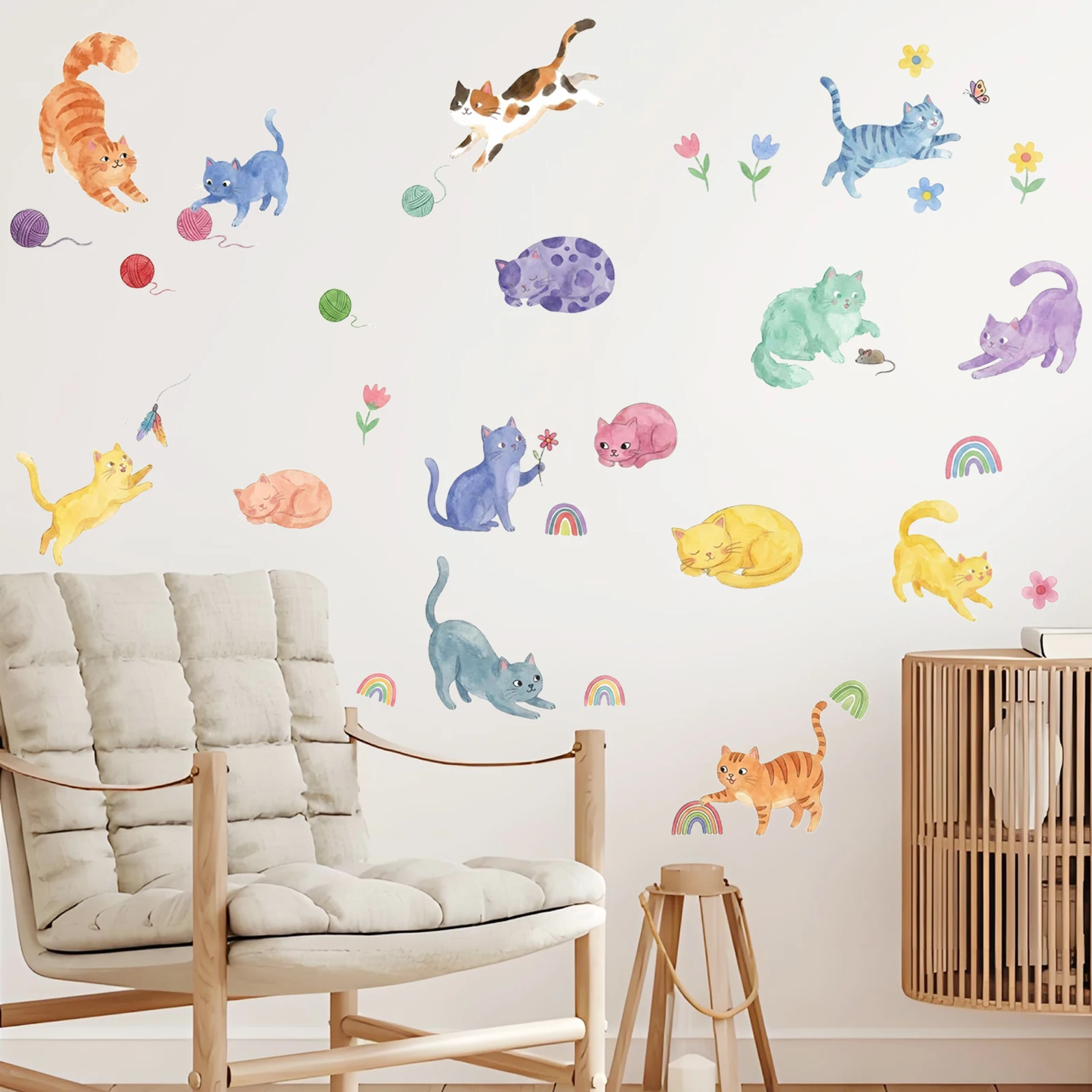 Watercolor Cat Wall Decals, Cute Colorful Kitten with Flowers & Rainbow Vinyl Stickers for Home Decor