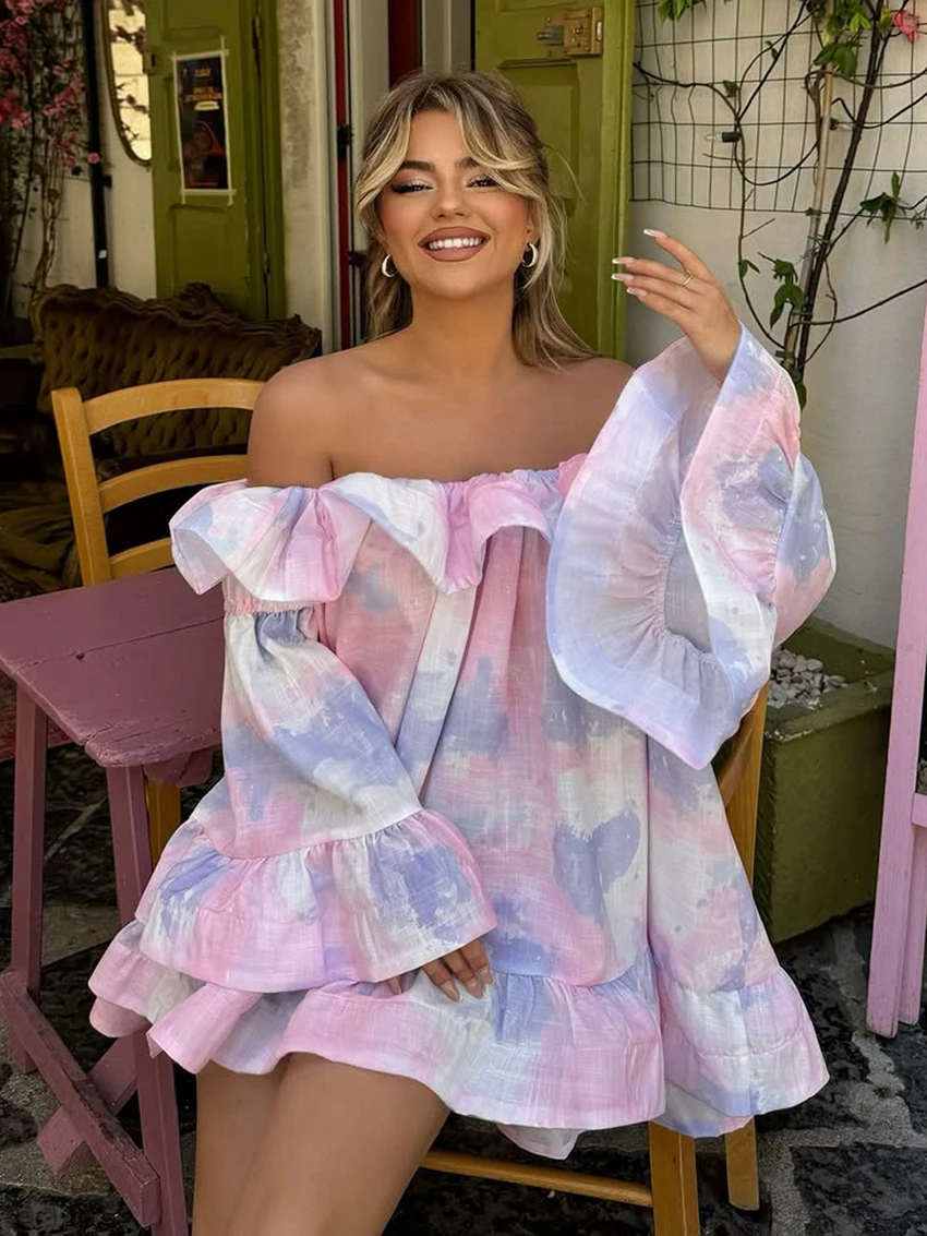 Marthaqiqi الطباعة فضفاضة المرأة بيجامة مثير مائل الرقبة ملابس خاصة طويلة الأكمام ثوب النوم فستان قصير ملابس نوم السيدات عادية الشتاء #2