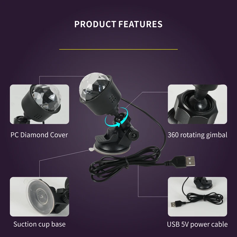 RGB Sound Activated LED Disco Ball Light with Remote Control Rotating DJ Stage Lamp for Home Car Party Club Christmas Decoration