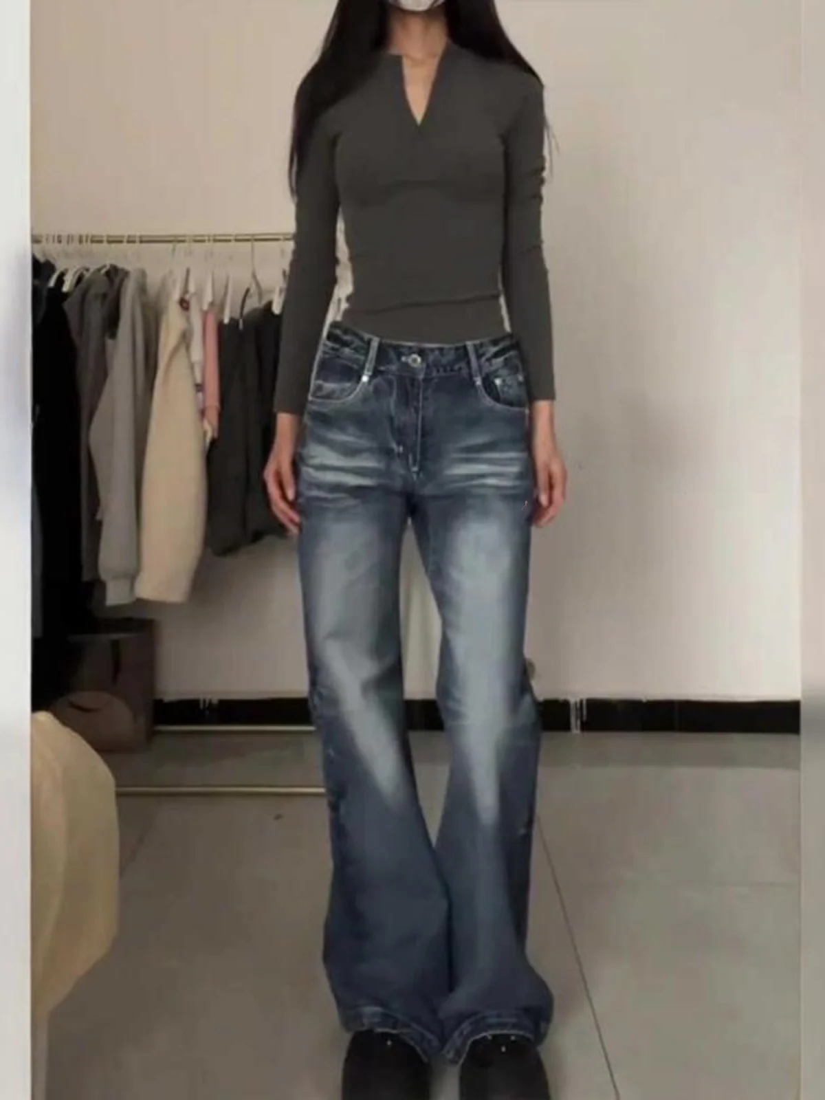 アメリカン スレ レトロ ウェイド デニム ジーンズ レディース プラスサイズ ハイウエスト ワイドレッグ フロア丈 ルーズフィット ストレートカット トラウザーズ