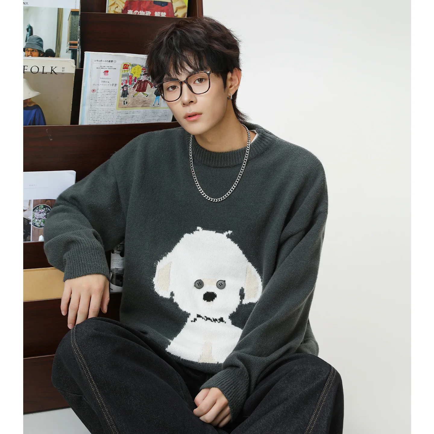 

High Quality Cartoon Dog Print Knitted Sweater Men Crew Neck Winter Warm Soft Casual Loose Streetwear Oversize Pullover Men