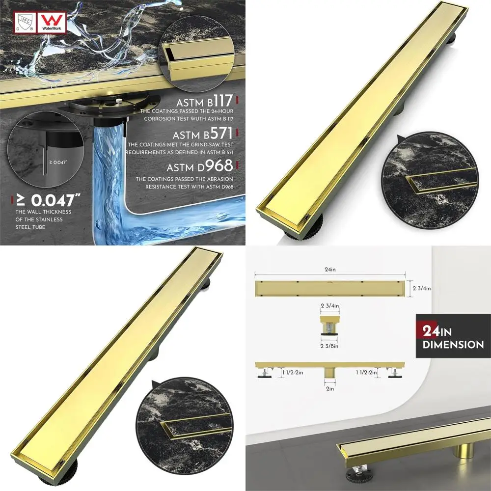 24 Inch Reversible 2-in-1 Shower Drain with Tile Insert and Grate, Brushed Gold Finish