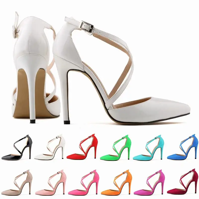 Cross Buckle Shallow Mouth Women's Sandals Summer Sexy Pointy Toe Candy Color Patent Leather High Heel Woman Party Dress Shoes
