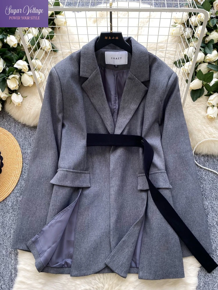

Элегантный пиджак с поясом, женский осенний модный свободный пиджак, пальто с воротником с лацканами и разрезом подол, шикарный изысканный стиль