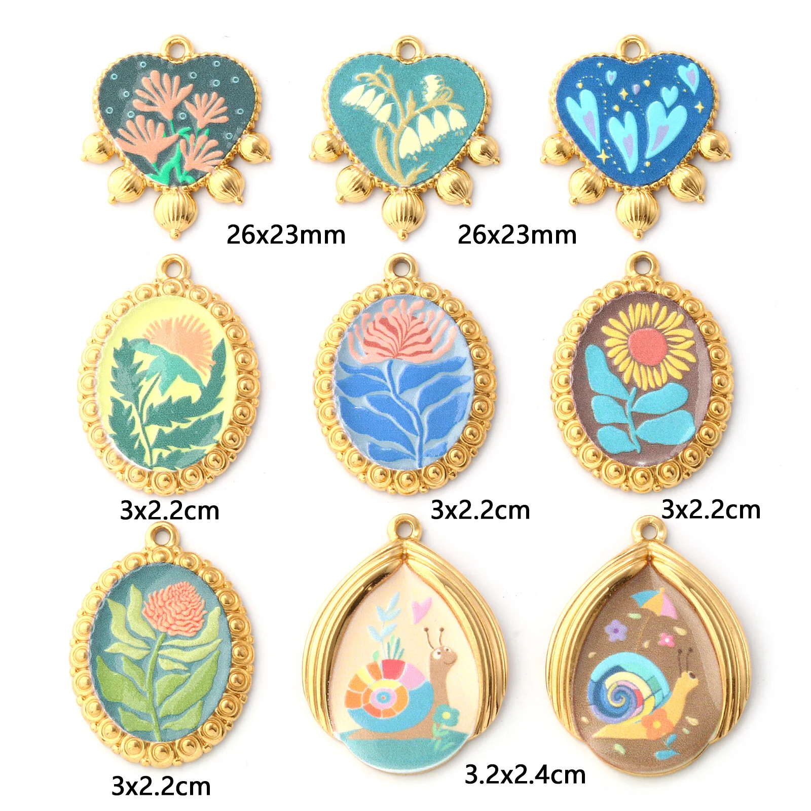 1 Piece 304 Stainless Steel Pendants 18K Gold Plated Multicolor Flower Snail Printed Heart Oval Charms For DIY Necklace Making