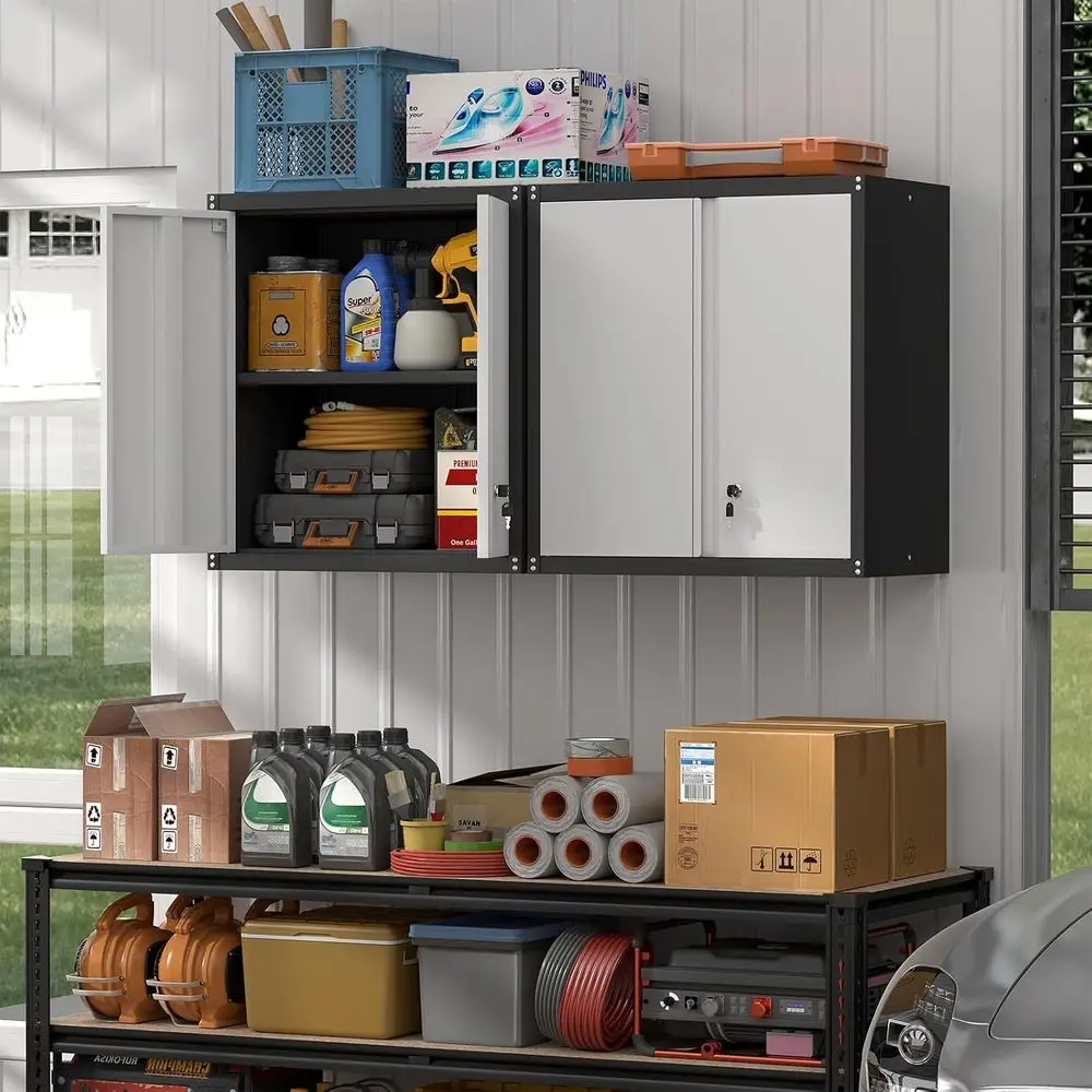 Steel Wall Cabinet, Heavy Duty Hanging Garage Storage Cabinet with Adjustable Shel & Locking Do, Wall Mounted Metal Garage Cabin