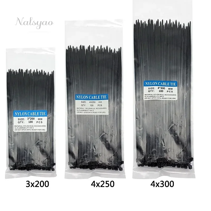 300pcs Three Mode Self-Locking Plastic Nylon Wire Cable Zip Ties Black Fasten Loop Various Sizes