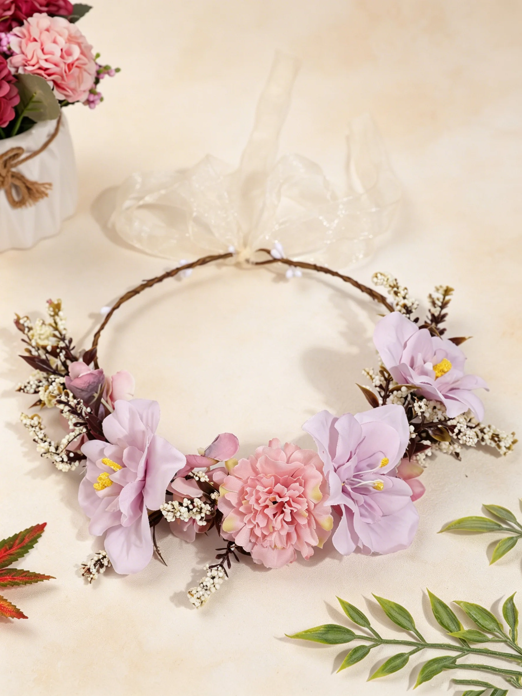 Hot-Selling Pink and Purple Artificial Flower Headband, Bohemian Style Wreath, Wedding Party Photo Shoot Atmosphere Hair Accessory image 2