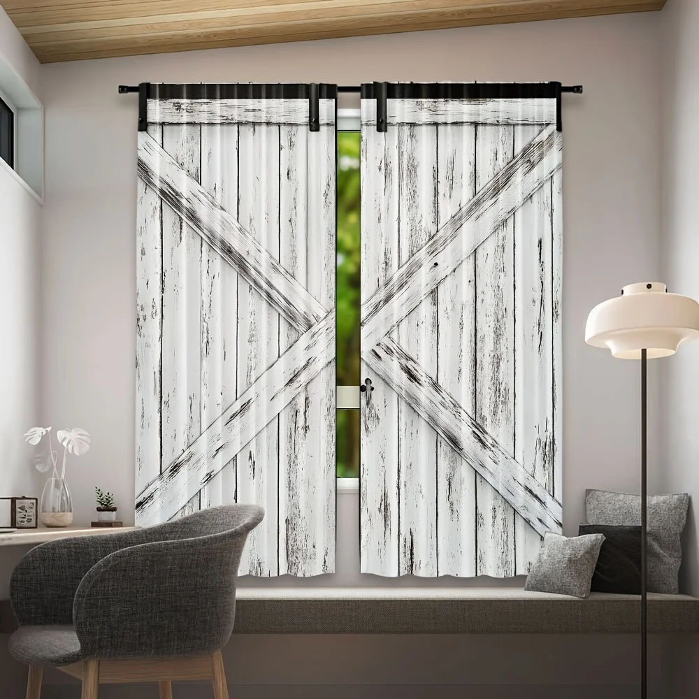 Rustic Farmhouse Barn Door Curtain Panels Distressed Wood X Cross Shiplap Polyester Window Treatment Curtain Decor Home Accent D