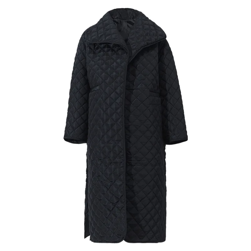 

HUISONG стеганая куртка для женщин, кардиган с отложным воротником и длинными рукавами, черное хлопковое пальто, нишевый дизайн, прямоугольная осень-зима