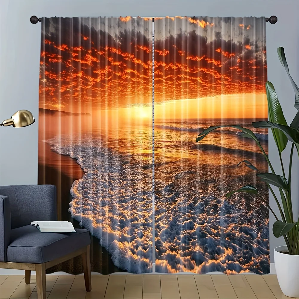 Vibrant Sunset Ocean View Curtain Panels for Living Room Home Decor Waterproof Window Drapes