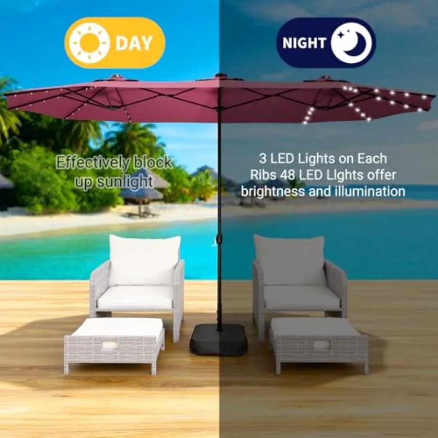 Patio umbrella for outdoor use, polyester fabric, red color, 14 feet wide with base and solar-powered LED lights