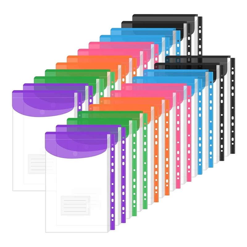 

AT82-Snap Button& Label Binder Pockets-24-Pack 11 Hole Design, Expandable For Home For School Office Storage