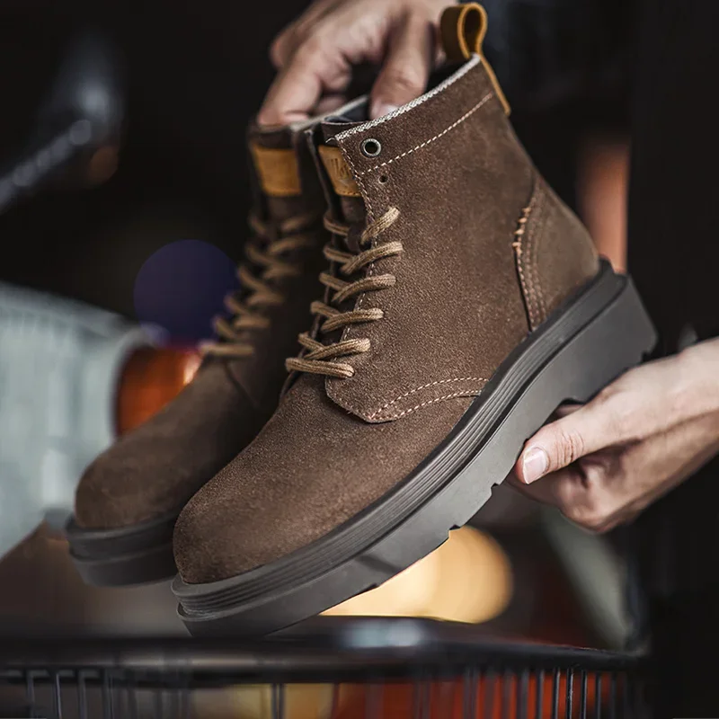 

Maden Men's Vintage Brown Work Boots Casual Suede Leather High-top Boots Thick Soles Round Toes Shoes Shoelaces Versatile Boots