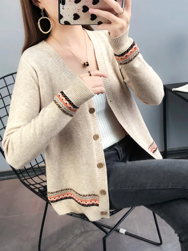 Trendy Women's Knitted Outerwear Spring Autumn Long Sleeve V-Neck Color Block Ethnic Style Sweater Cardigan Commute Style Loo...