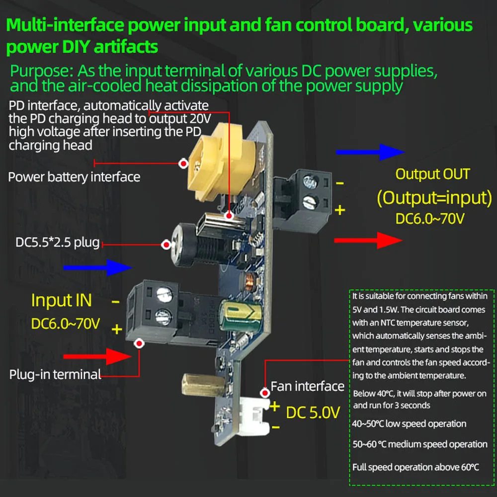 XY-FAN Multi Interface Power Input and Fan Control Board Various  Power Supply DIY Module Three Gear Adjust DC6-70V Module