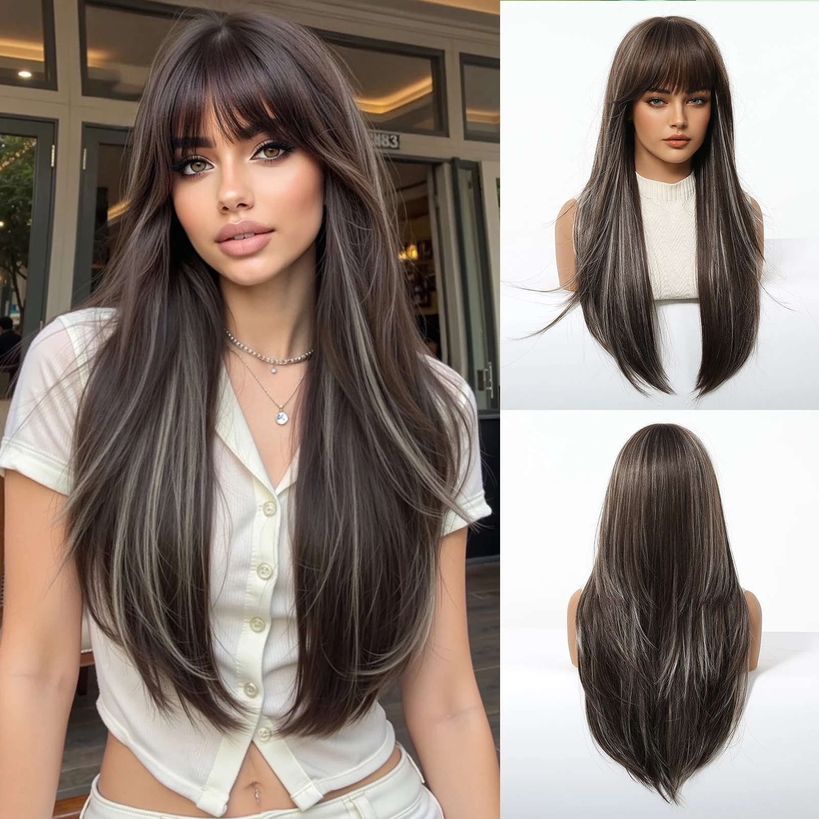 

Темно-коричневые платиновые блики, многослойные синтетические парики с челкой, длинный прямой парик для женщин, повседневный косплей, термостойкое волокно