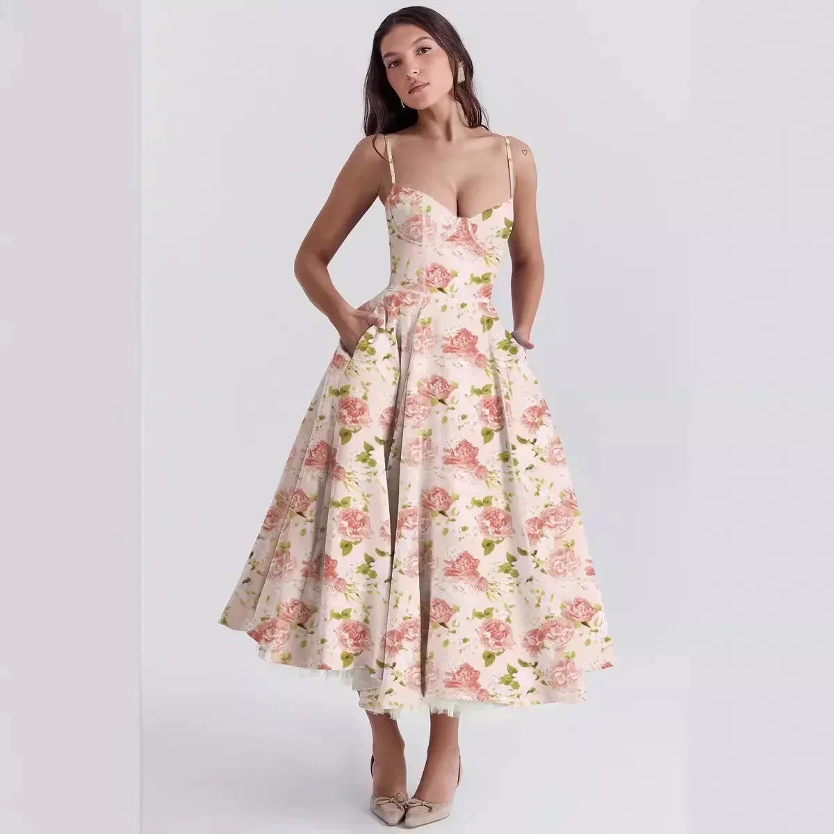 Robe maxi longue à bretelles en fibre pour femme, taille haute, fleur florale, mode sexy, longueur de rinçage