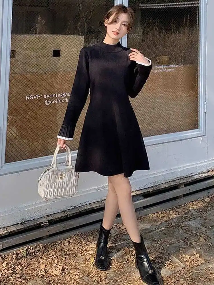 Suéter de Camada Base Tricotado Bla Hepburn Sle Dr, Saia A-Line de Cintura Alta, Tecido Elástico, Longa, para Deslocamento Urbano