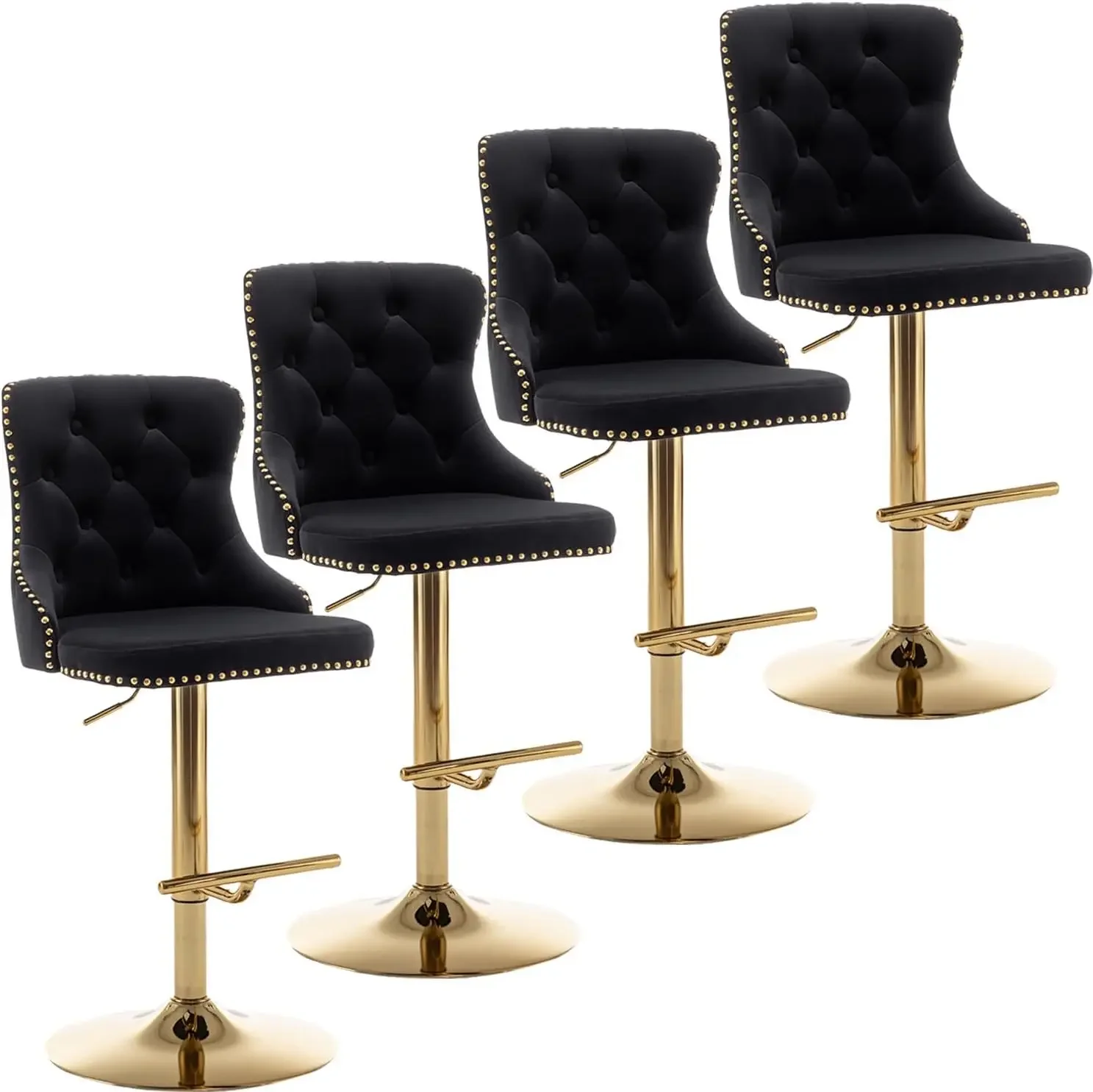 Gold Velvet Bar Stools Set of 4, Swivel Counter Height Bar Stools with Nailheads Trim and Button, Adjustable Barstools for Kitch