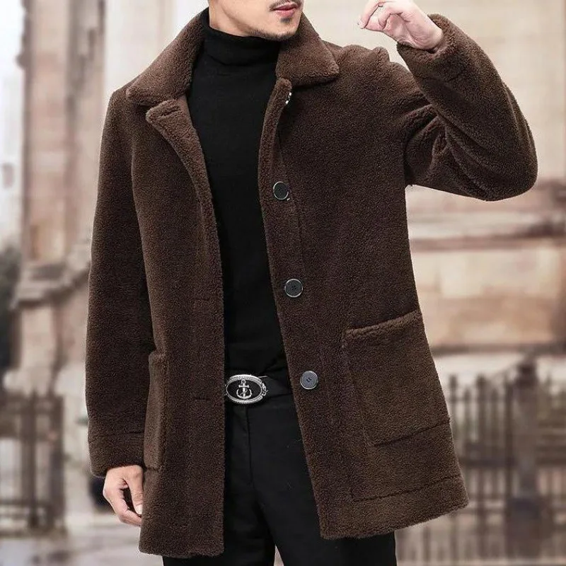 Chaqueta corta gruesa de terciopelo de cordero para hombre, cuello de piel sintética, abrigo informal de manga larga para caballero de negocios, nuevo estilo, Otoño e Invierno