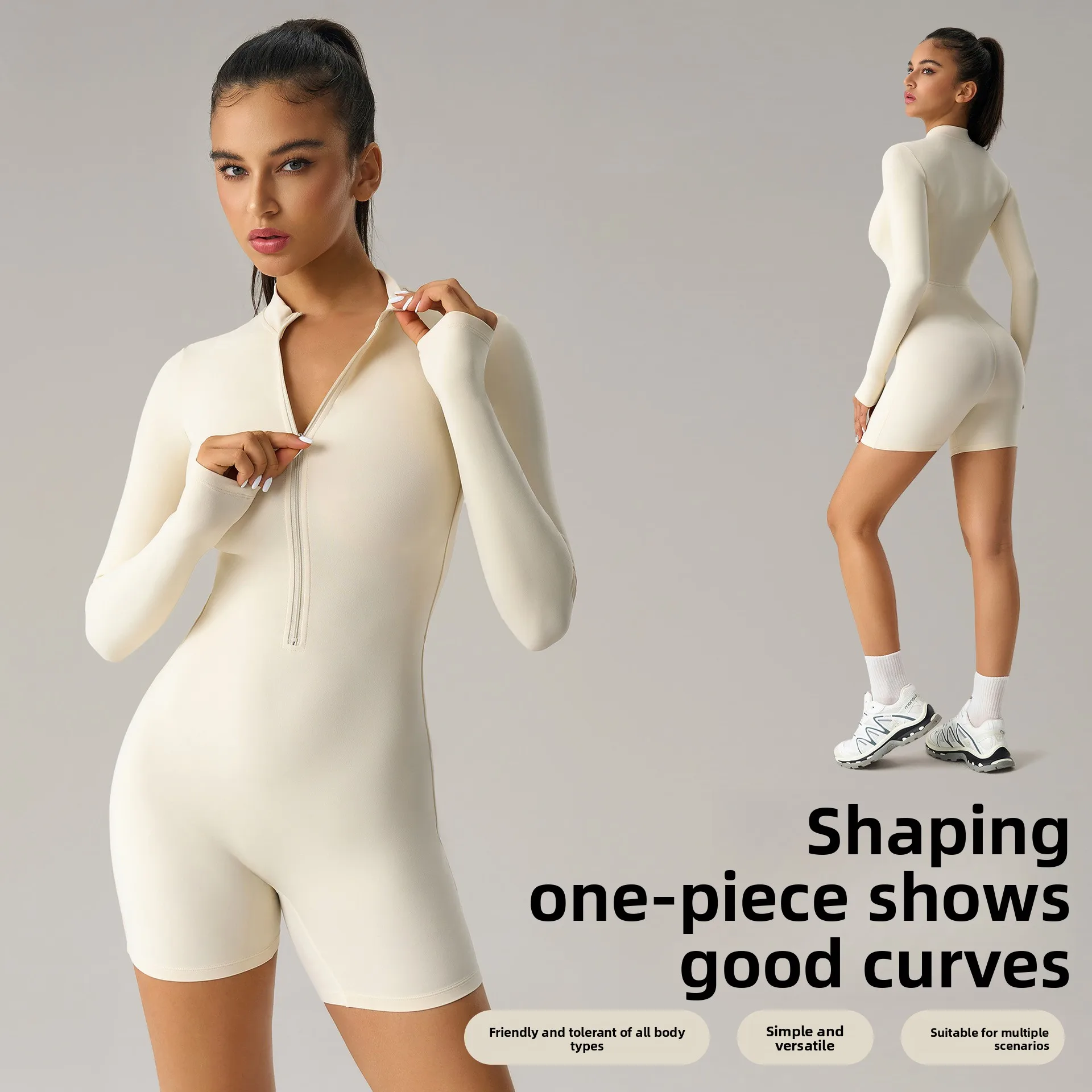 High Elasticity Long Sleeved Hip Lifting Jumpsuit for Fitness Sports Tight Fitting Shorts One Piece Suit for Active Wear