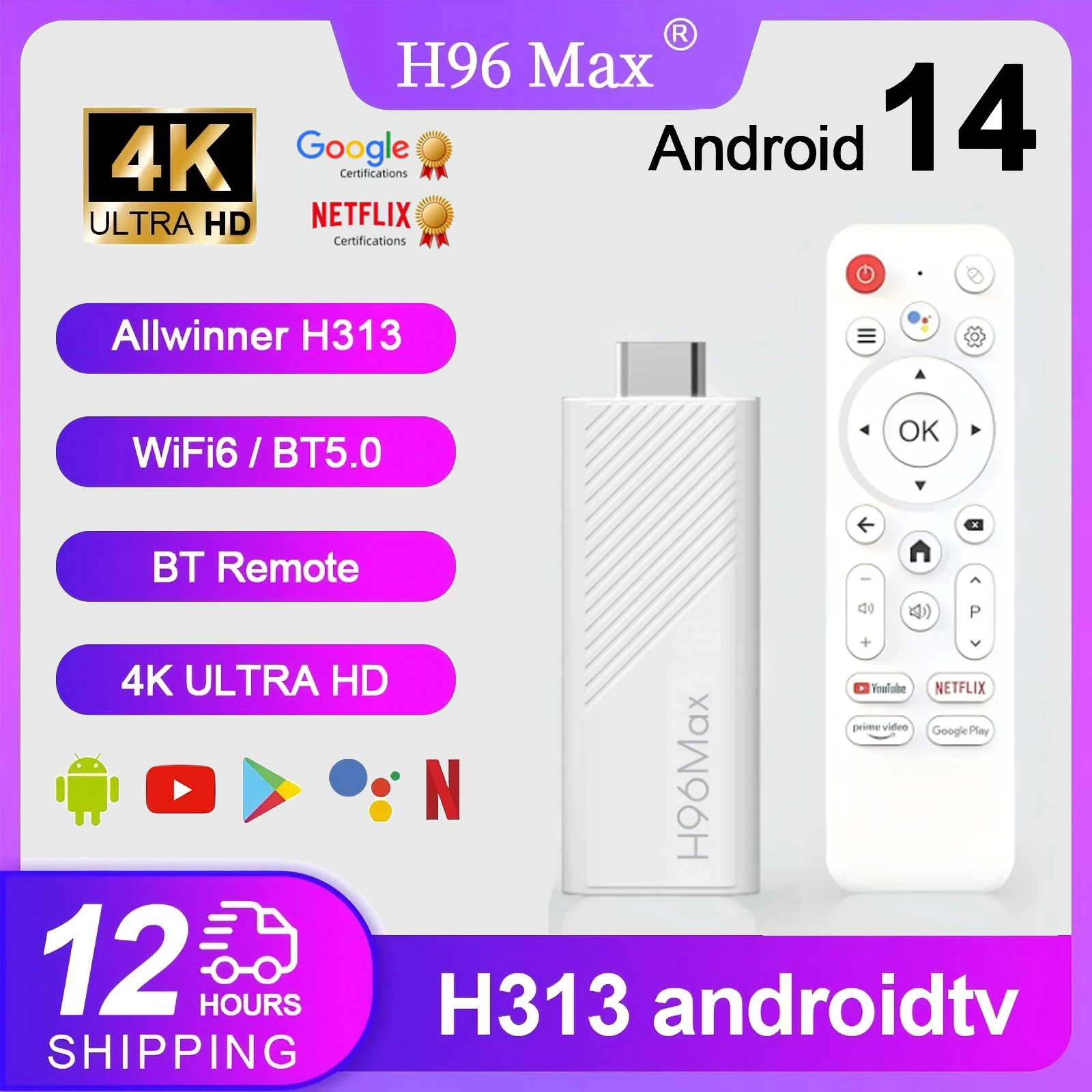2025 جديد H96 MAX H313 جهاز استقبال للتليفزيون الصغير Android14 Wifi6 BT5.0 4K @ 60fps ATV قاذفة جوجل صوت مساعد مشغل الوسائط AI TV Stick