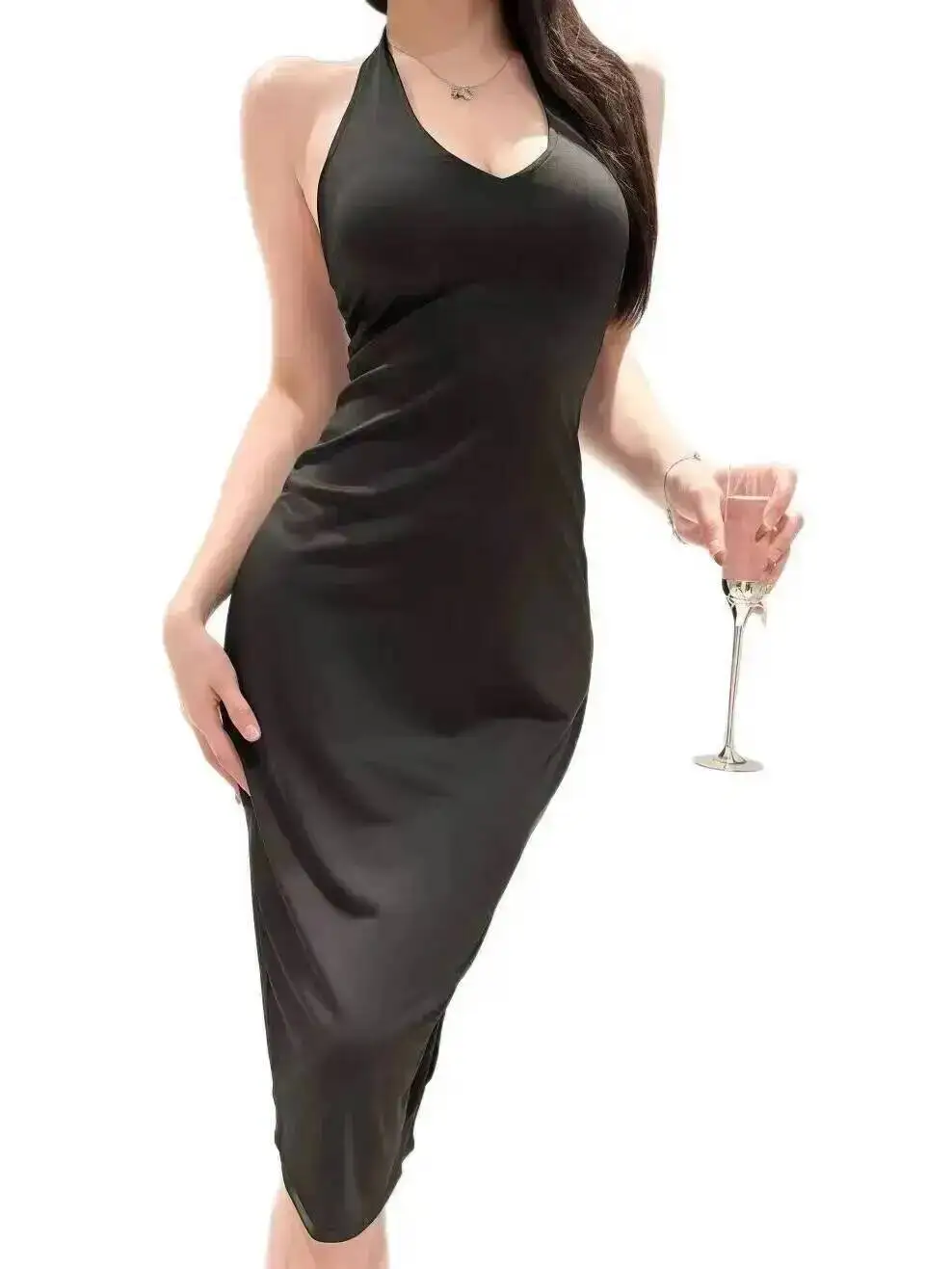 Pure Desire Sister Slim Strap Deep V Dress Pure Desire Sexy Solid Color Backless Deep V Sleeveless Off-the-shoulder Dress OS5Q