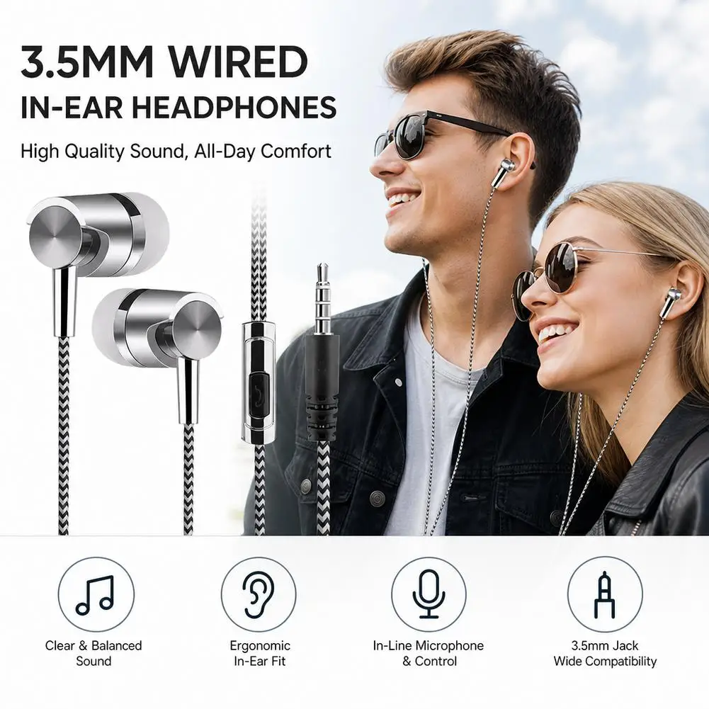 Universal In-ear Headset Braided Cord With Microphone 3.5mm Jack Bass Stereo Wired Control Sports Earphone For Smart Phone