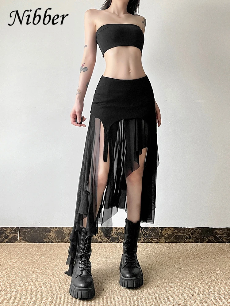 Nibber 2024 Sommer Einfarbig Einfach Alle-spiel Casual Sexy Fimbriate High Street Trendy Coole frauen Laminiert Rüschen rock