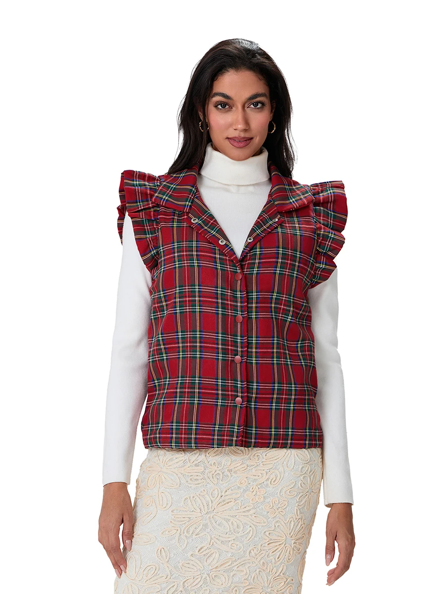 Women s Christmas Plaid Cotton Vest Turtle Neck Snap-up Flutter Sleeve Casual Lightweight Waistcoat