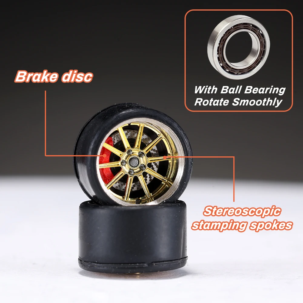 1/64 Alloy White Model Wheels Rubber Tires with Brake Disc Ball Bearing Rims for Diecast Model Car for Hot Wheels Diameter:9.5mm