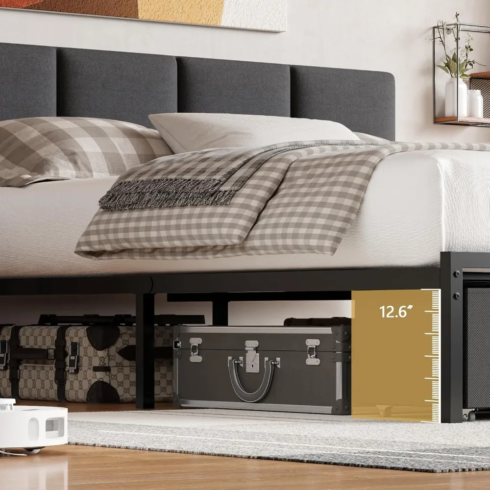 إطار مع مساحة تخزين، إطار سرير منجد بحجم كوين مع ضوء LED، محطة شحن USB، إطار سرير بمنصة مع قماشين #5