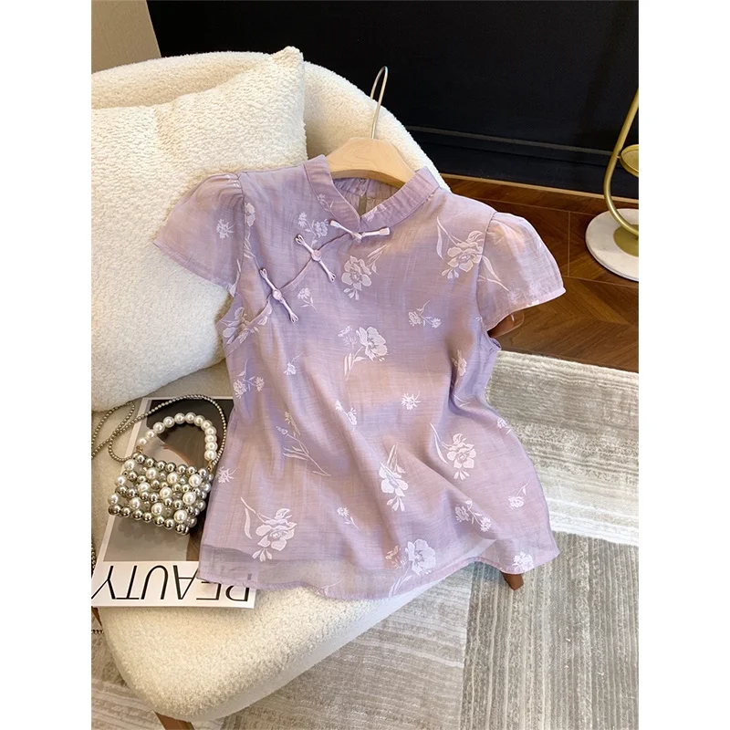 

Летний новый китайский национальный тренд с вышивкой Bubble Sve irt, женский дзен-воротник на пуговицах, маленький асиммет irt...