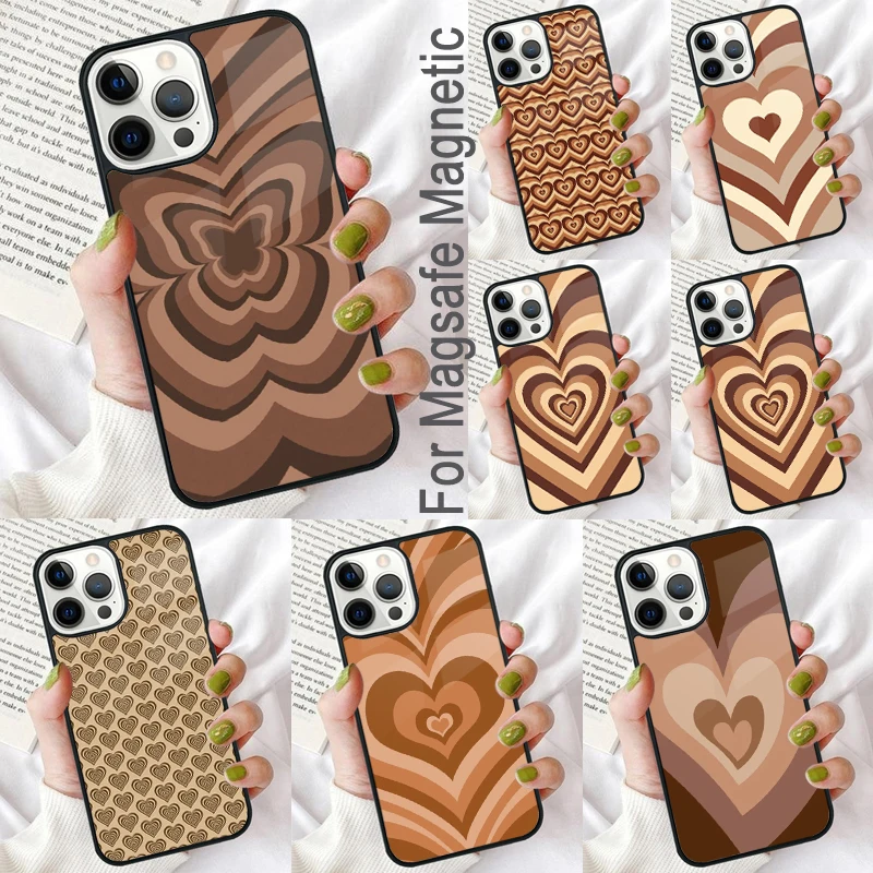 Latte Love Brown Heart Aesthetic Magnetic Soft Phone Case for iPhone 16 Promax 15 Pro 13 14 Plus 11 12 Mini MagSafe Coque