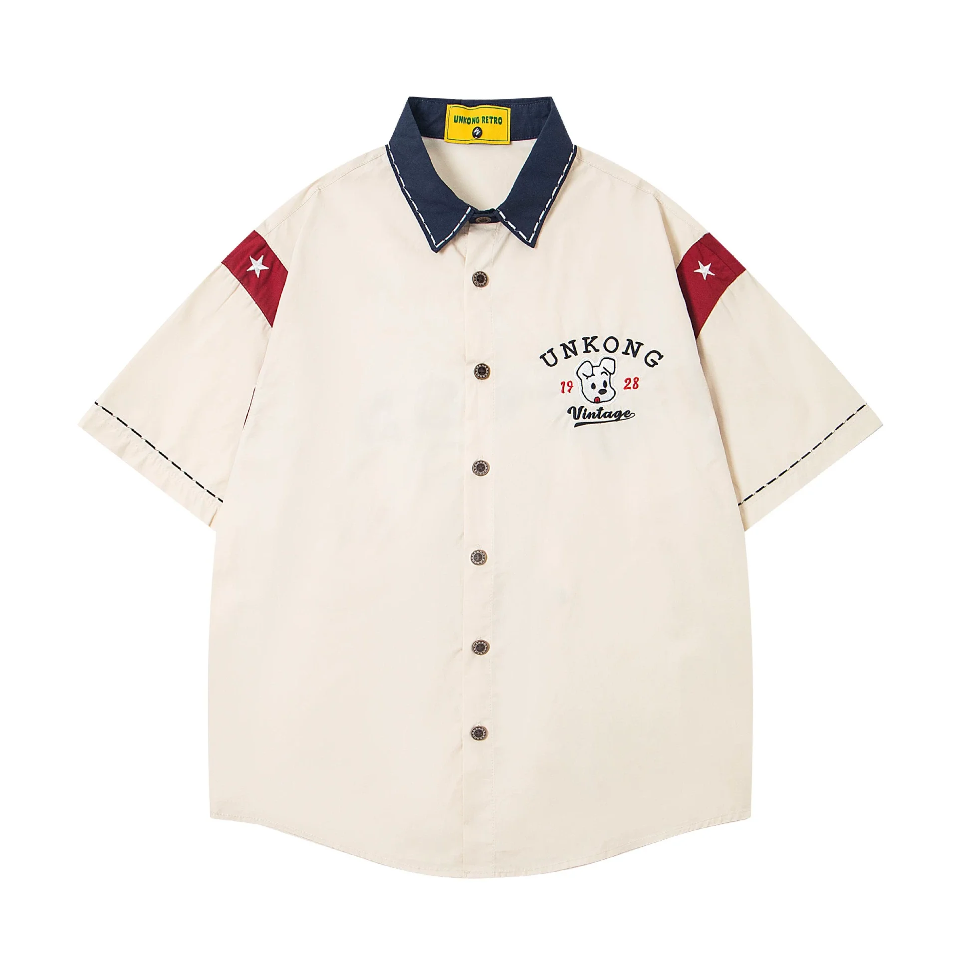 Puppy Embroidery Spliced Cargo Shirts Mens Vintage Streetwear Summer Lapel Single Breasted Short Sleeve Shirts Men