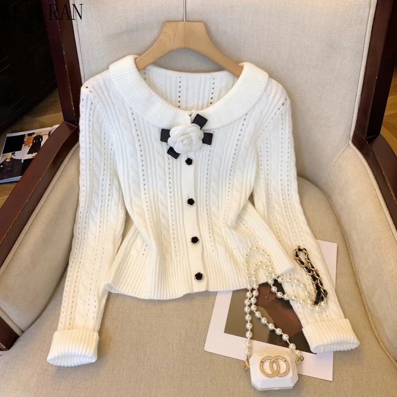 

Korean White 3D Floral Sweater Women's Autumn Winter Round Neck Long Sleeve Soft Twist Knitted Cardigan Outerwear Ladies Jumpers