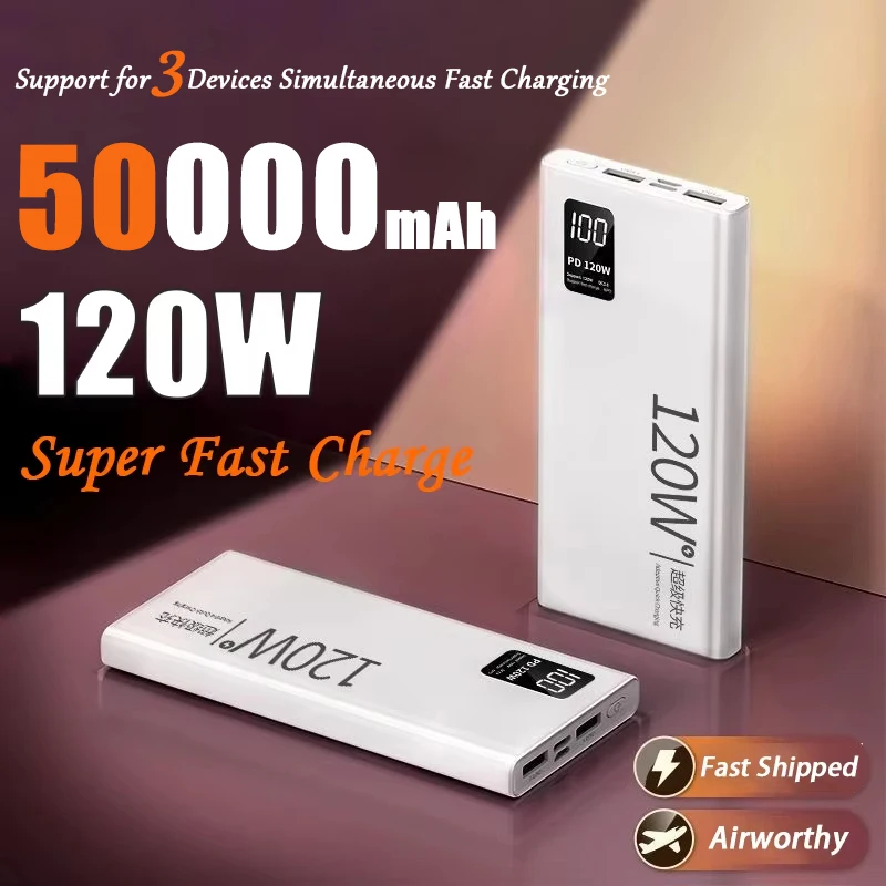 120W High Capacity Power Bank 50000mAh Fast Charger Portable Battery With Digital Display Powerbank For iPhone Samsung Xiaomi