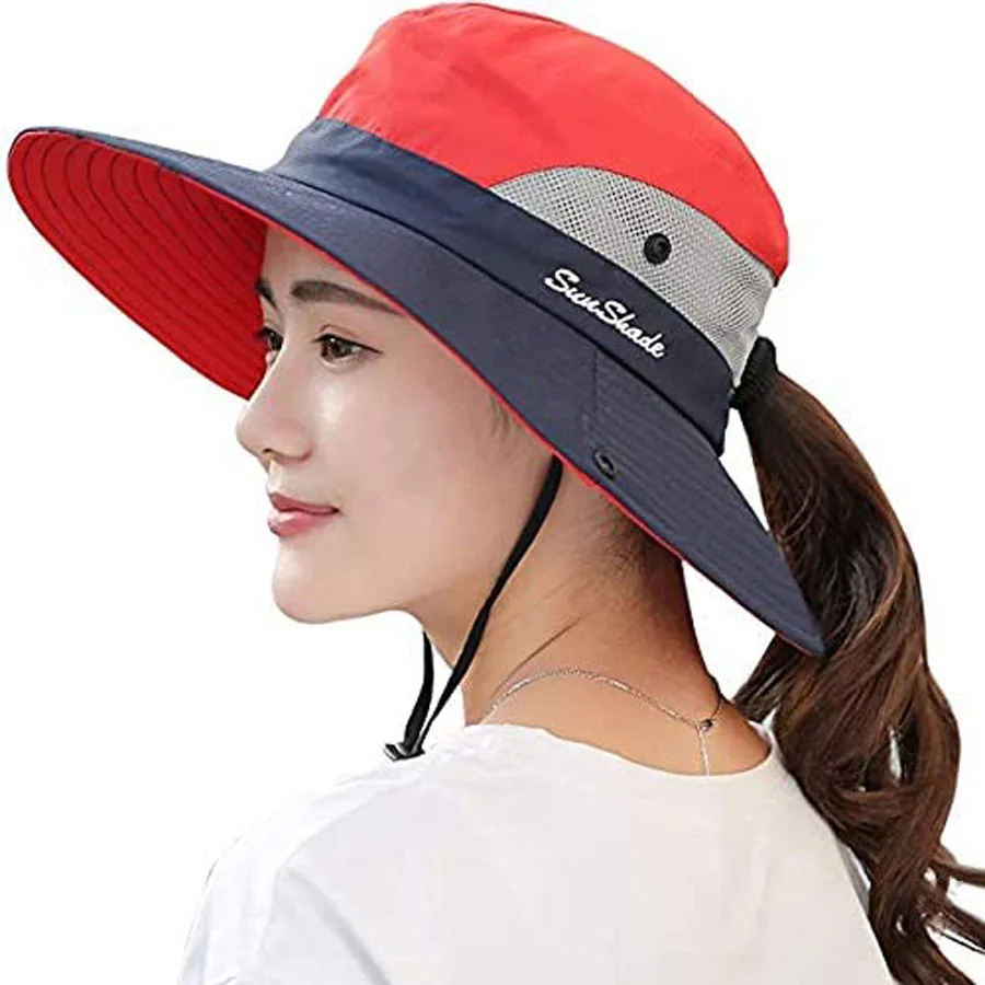 Women\'s Ponytail Sun Hat UV Protection Adjustable Foldable Mesh Wide Brim Colorblock Fishing Hat 1PCS