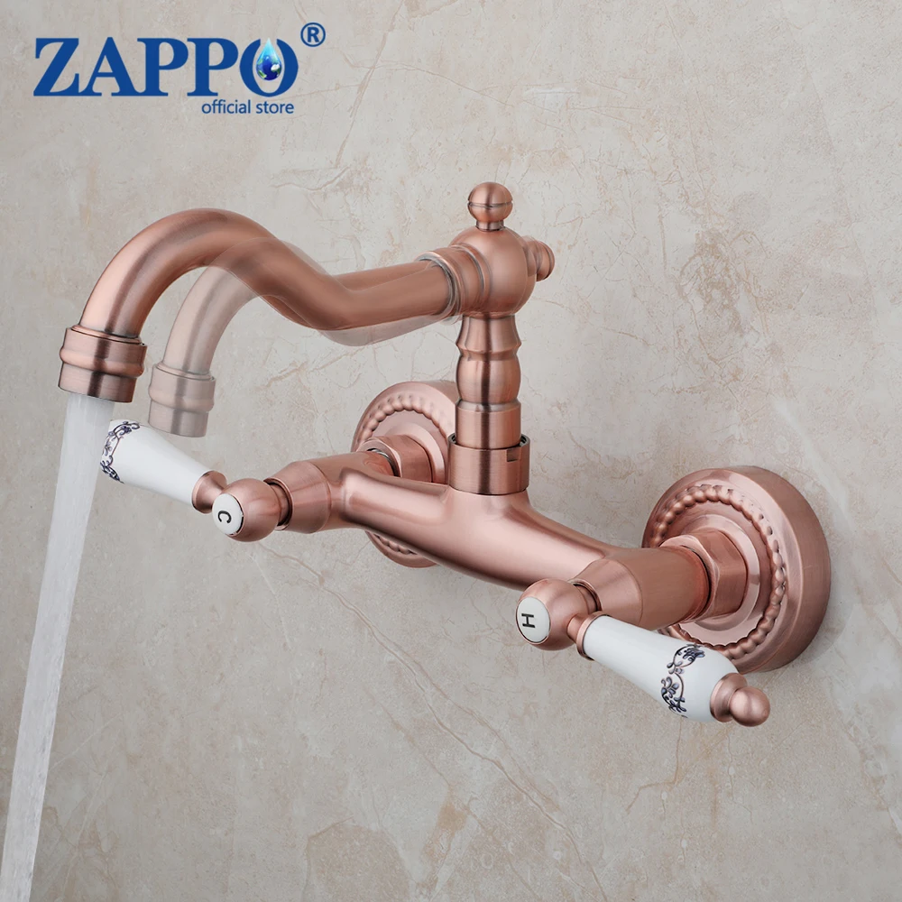 zappo antique copper red brass wall mounted faucet torneiras de alcas misturador para pia do banheiro torneira de banheira 360 bico giratorio 01