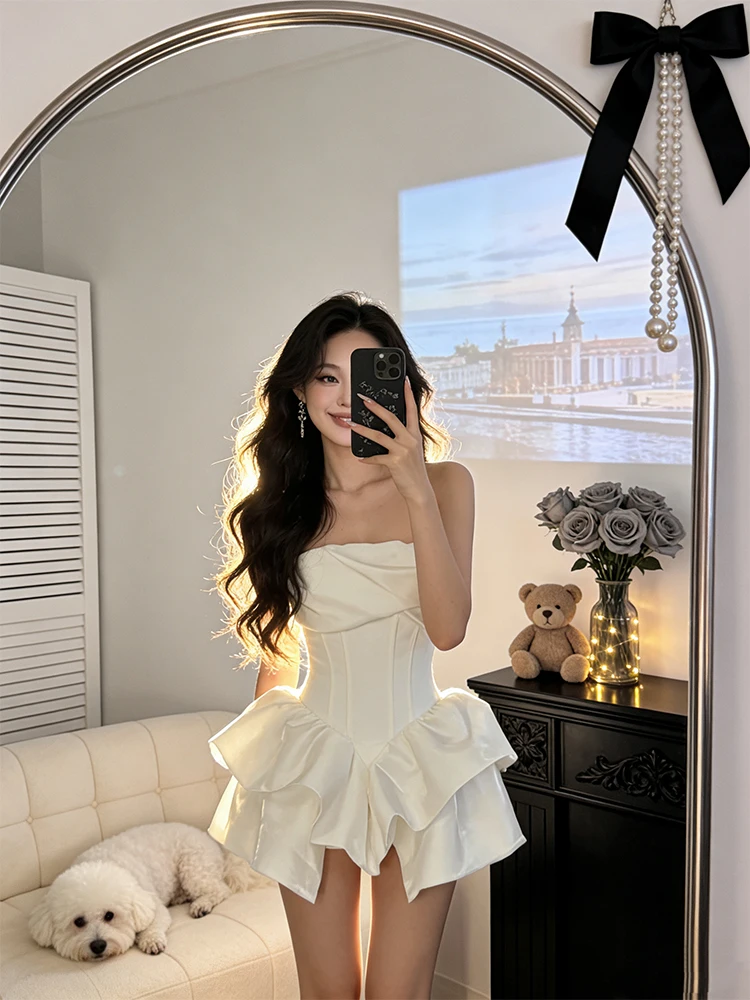 

Белое бальное платье без бретелек для женщин, модное, для дня рождения, с юбкой А-силуэта, короткое, из полиэстера, без рукавов