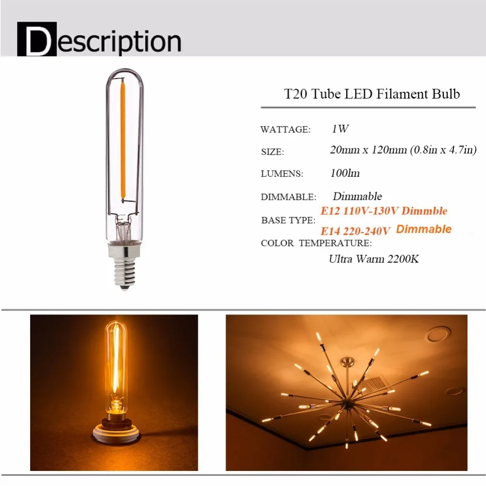 Bombilla de cristal E12 E14, luz de vela incandescente de 1W, 2200K, 2700K, luz LED blanca