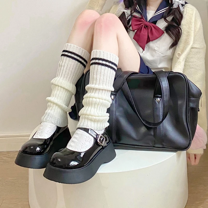 Women Student Double Striped Knit Leg Warmers Uniform Ribbed Boot Socks