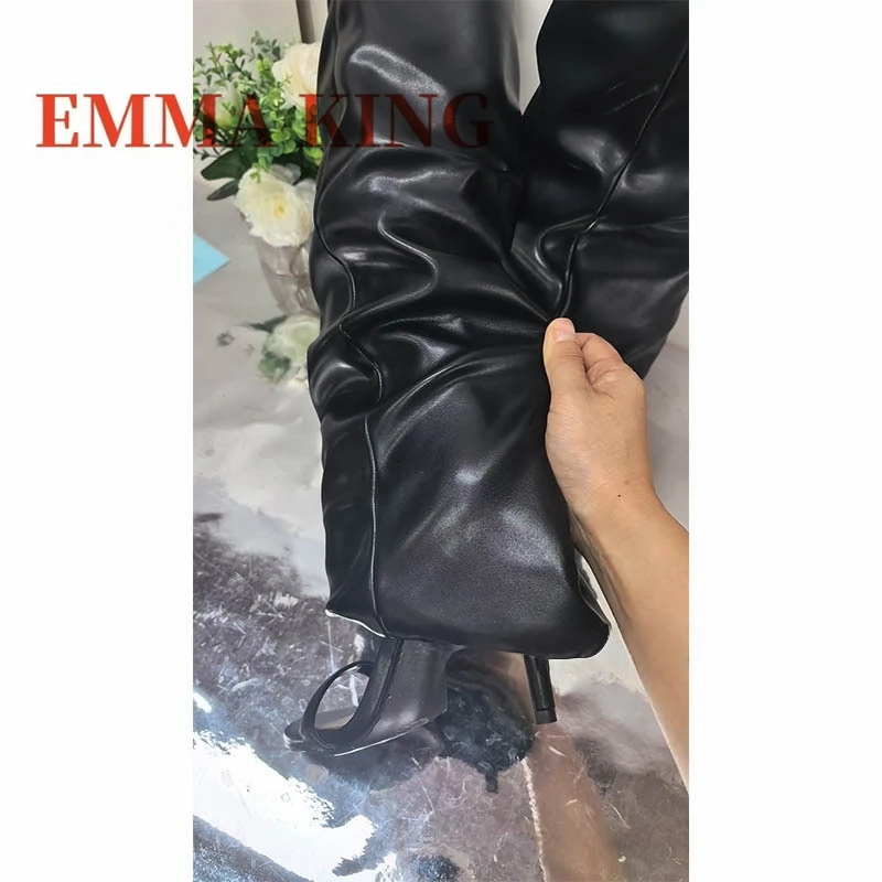 مثير المفتوحة تو حذاء بكعب عالٍ للركبة أسود بولي Leather جلد خنجر عالية الكعب مطوي أحذية الصيف النساء الفاخرة تصميم بوتاس دي Mujer