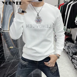 Men's Slim Hoodies Rabbit Print Hot Diamond Male Sweatershirts Casual Round Neck White Pullover Autumn Winter New Man Clothing